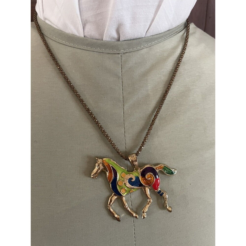 Colorful Horse Lovers Wearable Art Necklace Whimsical Enamel on Gold Tone Chain